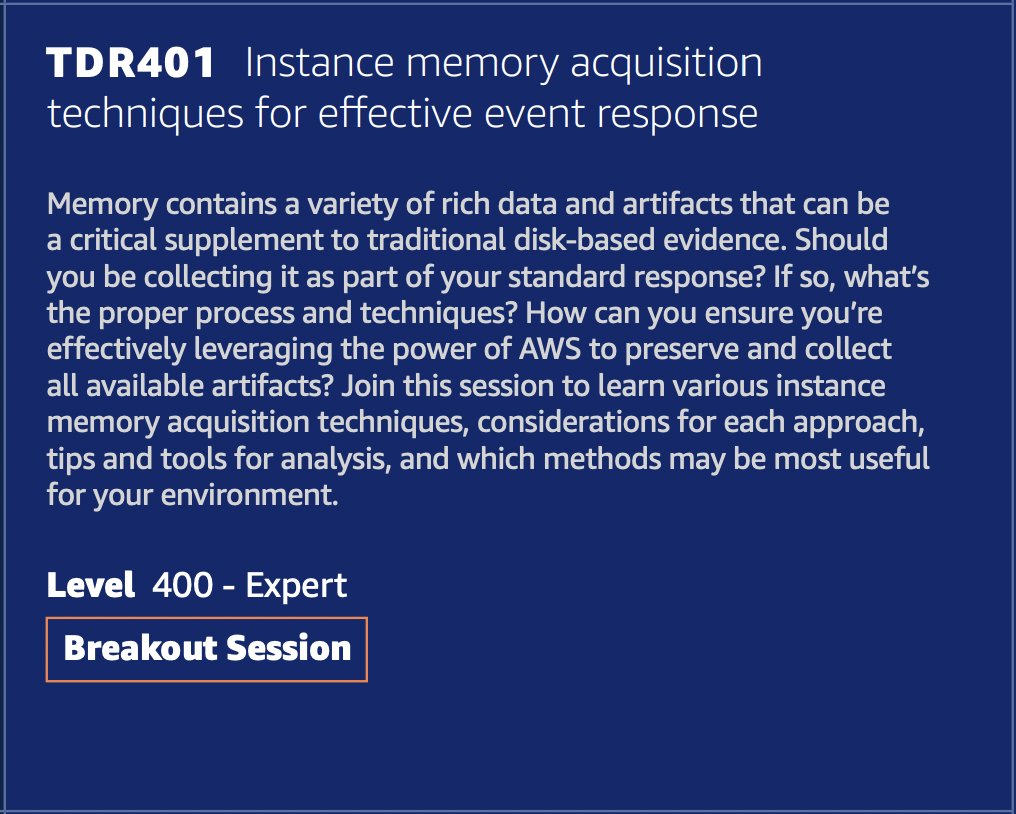 It may have taken a year, but I didn't forget...

✅ Memory collection techniques in AWS
✅ EC2 Hibernation
✅ ... (come and find out) 🙂

#AWS #reInforce #DFIR