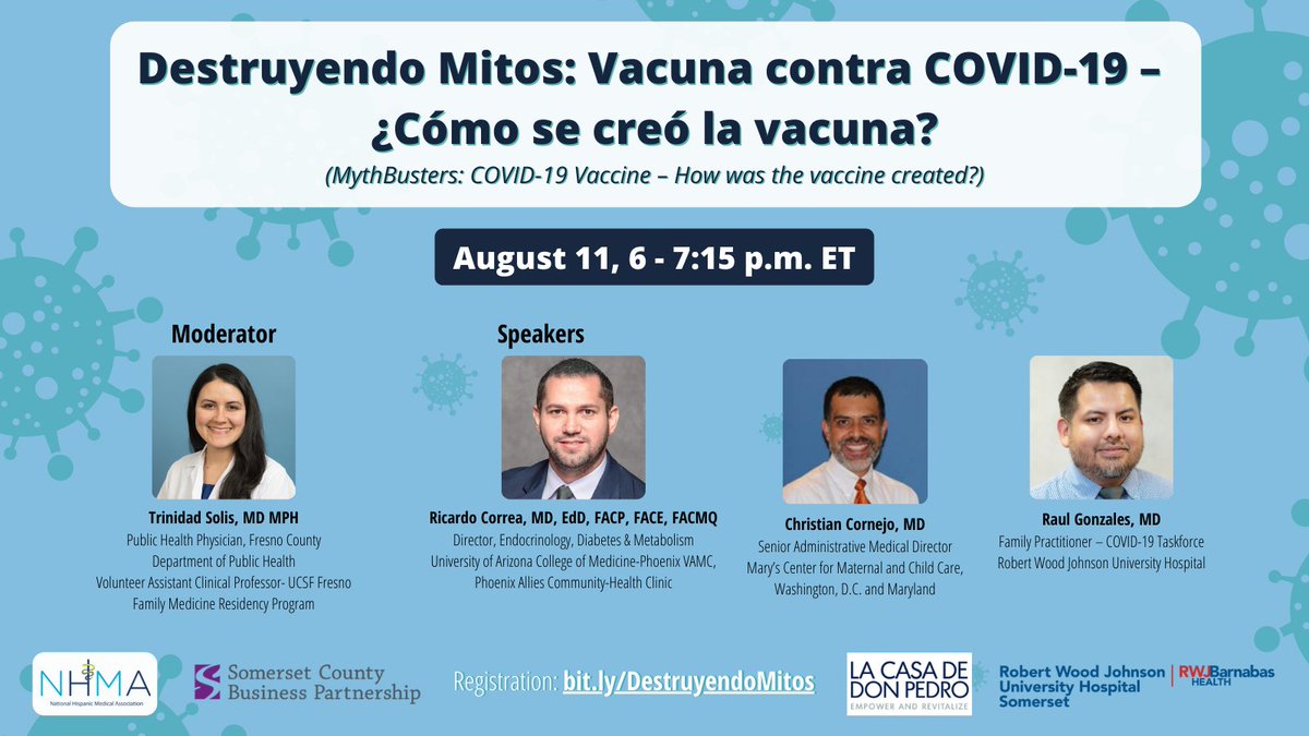 Join us Wednesday, August 11 at 6 p.m. ET for our Spanish-language webinar "Destruyendo Mitos: Vacuna contra COVID-19 – ¿Cómo se creó la vacuna?"⚕️ bit.ly/DestruyendoMit…