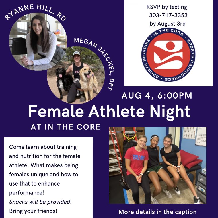 Come learn about how cool it is to be a female athlete!

We will talk about:
-Nutrition Ed 101
-Understanding the Female Cycle
-Making Your Cycle Work For Your Performance
-Nutrition Around Training with Your Cycle
-Relative Energy Deficiency in Sport
-Injuries Related to Females
