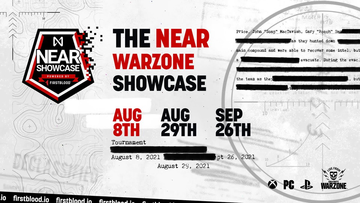 The <a href="/NEARProtocol/">NEAR Protocol</a> Warzone Showcase is almost here! 🔥 
✍ 3 Events (1st on Aug 8th) 
 
💪 FREE Entry
💰 $60,000 ($20K per event) 
🔥 Sign ups LIVE NOW: app.firstblood.io/NEAR-Protocol