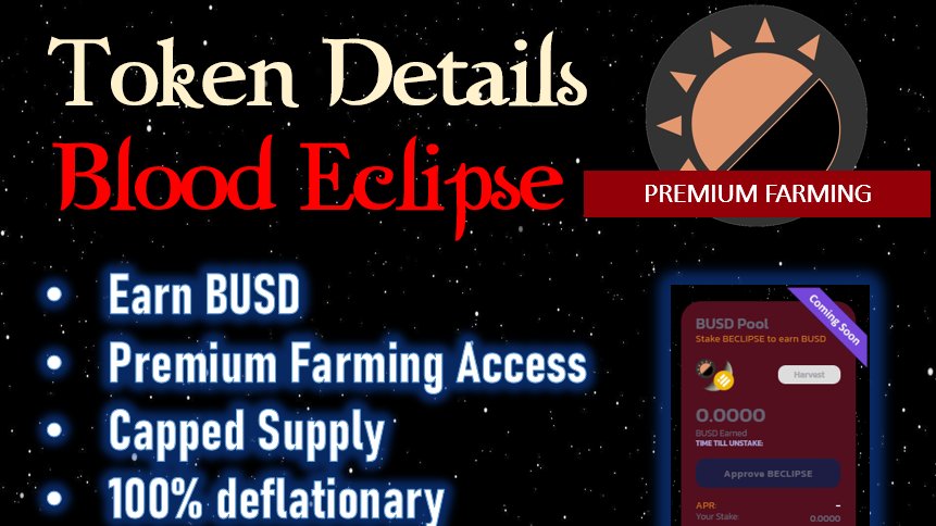 Twilightfinance's tweet photo. Learn more about Blood Eclipse Token (BECLIPSE)
Utility:
EARN BUSD 
Premium Farming

Telegram: https://t.co/Jhy4D845Ly

Website: https://t.co/jSfqH8Snyb

#bsc #GameFi #DefiGaming #DeFi #BinanceSmartChain #BSCGems #Airdrop  #crypto #cryptomonnaie #Airdrop #moonshot https://t.co/LbOLDT7oJj