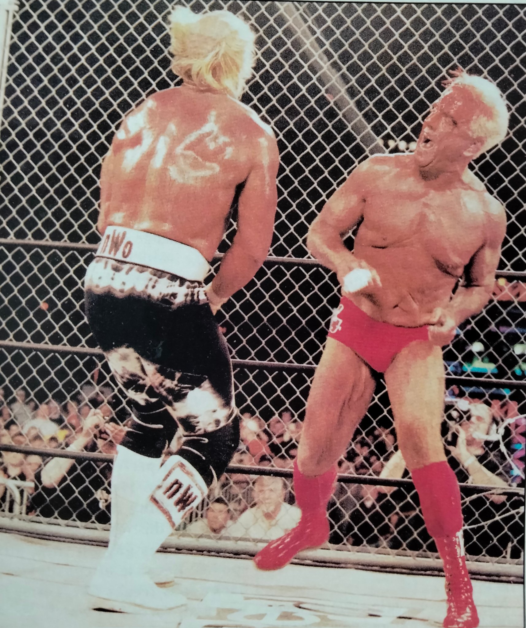 Rasslin' History 101 on Twitter: "Ric Flair and WCW World Heavyweight Champion Hollywood Hogan battle in a Barbed Wire Steel Cage First Blood match for the WCW World Title at Uncensored '99