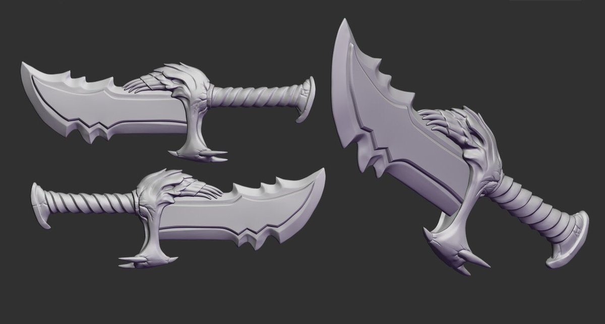 ryan_zarzecki's tweet photo. Finished sculpt of #bladesofchaos for a sculpt Iโm currently working on #Kratos. Canโt wait to tie it all together! #3D #SonyMonicaStudios #3dcharacterworkshop #3dmodeling #3Dprinting #Zbrush #Maya #gamedev https://t.co/fy600LiZ9S