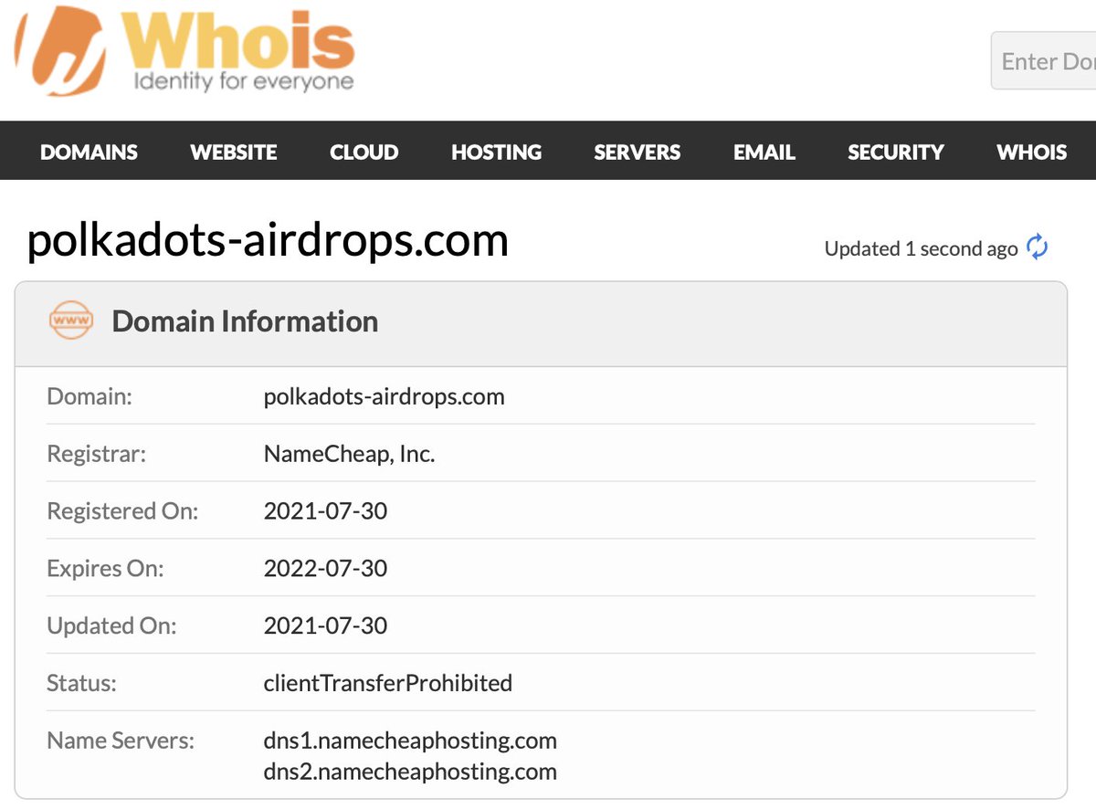 Classic giveaway scam:
polkadots-airdrops[.]com

<a href="/Namecheap/">Namecheap.com</a> please take it down.