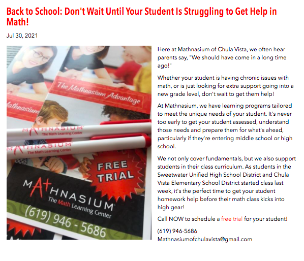 MathnasiumCV's tweet photo. #backtoschool is here! Don’t wait to get your student the support they need in #math!

Call today to schedule your #freetrial at Mathnasium of #chulavista!

(619) 946-5686
Mathnasiumofchulavista@gmail.com
https://t.co/4vul9YvlXL

#bonita #mathhelp #tutoring #sandiego #commoncore https://t.co/hQNToGLj4W