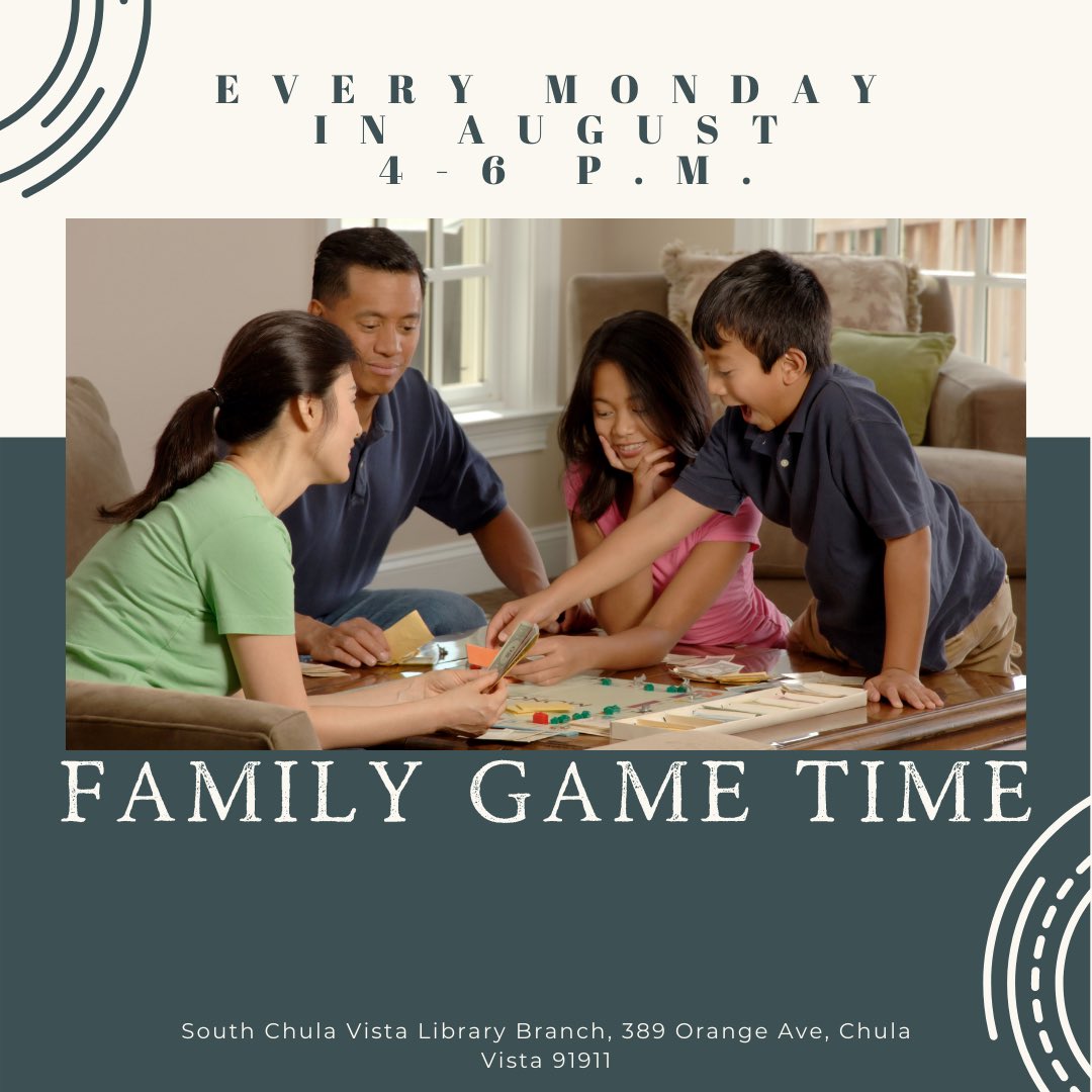 Children and families are invited to join us for our new family game time program series at the South Chula Vista Library. It’s happening every Monday in August at 4:00 PM. The family that plays together stays together!