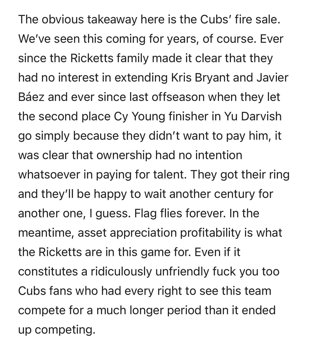 It’s a profoundly painful day for @cubs fans. I appreciate this succinct take from <a href="/craigcalcaterra/">Craig Calcaterra</a> about the way our team has been gutted: