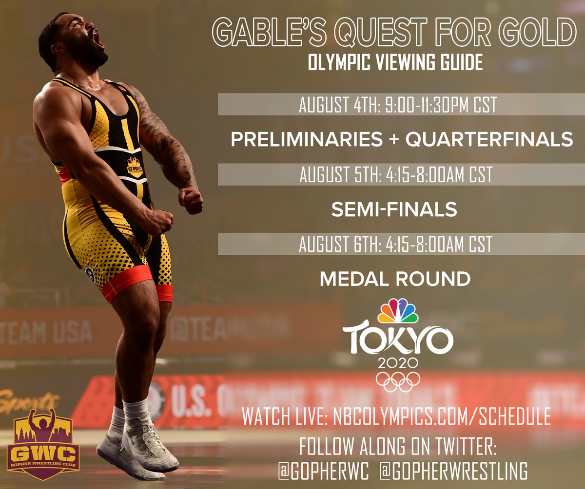 GopherWC's tweet photo. DON'T MISS A MATCH! ⏰

Here is the ultimate viewing guide for Gable's matches in Tokyo. 

Can't wait until Wednesday night! 🇺🇸😤 https://t.co/wl8qUuzqZ8