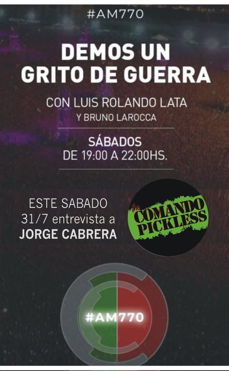 Este sabado 31/7 entrevista a Jorge Cabrera  programa Demos un grito de guerra por Radio Cooperativa AM770  de 19 a 22hs!
radiocooperativa.com.ar/envivo/
Con Luis Rolando Lata  y Bruno Larocca 

#DemosUnGritoDeGuerra 
#thecomandopickless
#mavirock