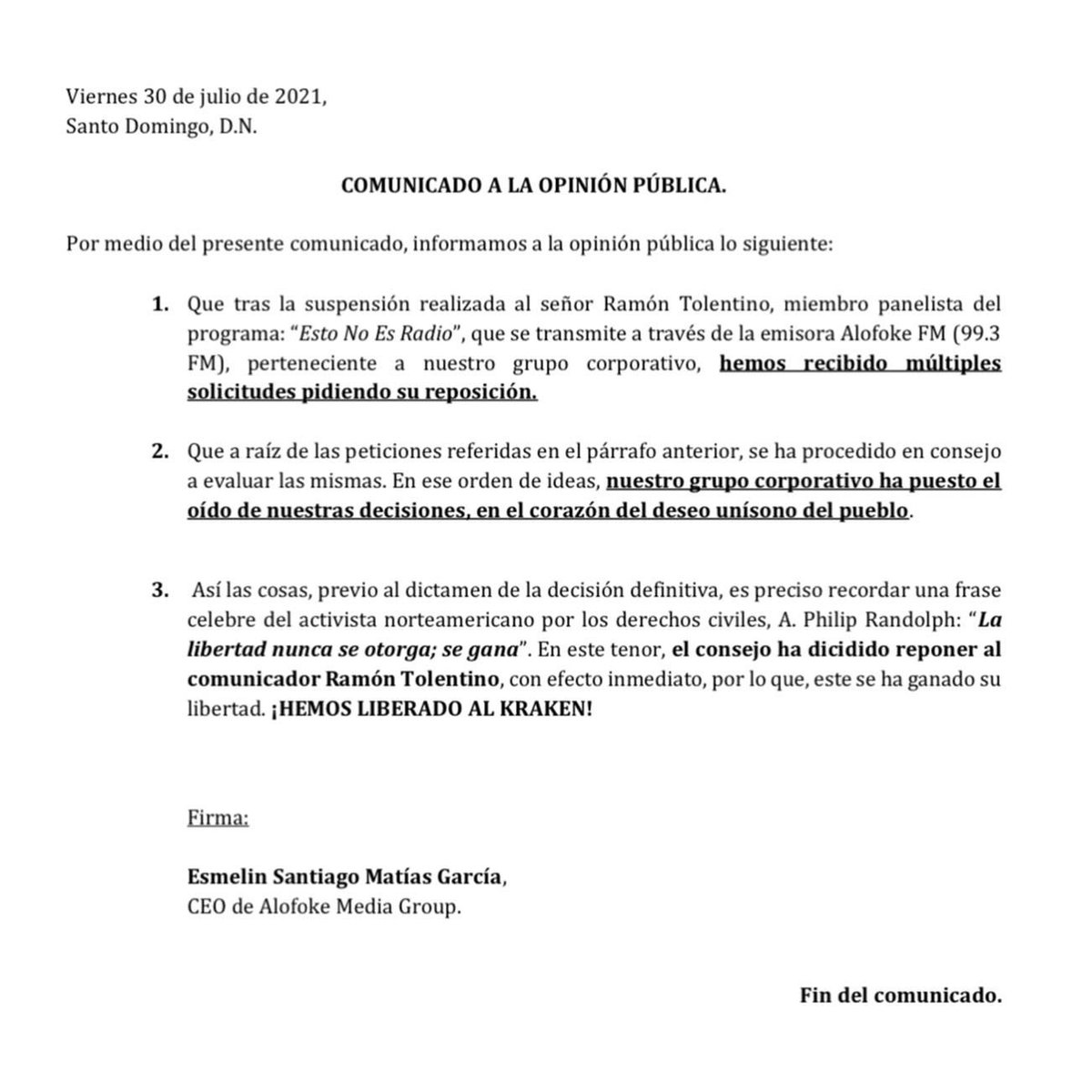 matiasgarciard's tweet photo. El pueblo es que manda. Se deja sin efecto medida disciplinaria contra @RamontolentinoT 🙏 Este lunes de regreso en @estonoesradioTW https://t.co/vWg6QIwZAV