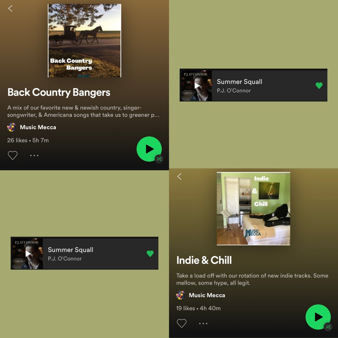 Thank you <a href="/_MusicMecca_/">Music Mecca</a> for adding "Summer Squall" to your Back Country Bangers and Indie &amp; Chill <a href="/Spotify/">Spotify</a> playlists! #summersquall #pjoconnor #music #nyc #indieartist #indiemusic