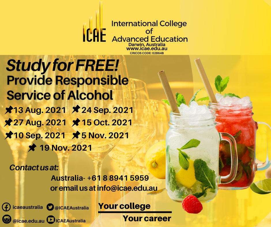 ICAEAustralia's tweet photo. Study SITHFAB002 Provide Responsible Service of Alcohol at ICAE for FREE! 
Apply online through the link below: 
https://t.co/MdjXn2deIT https://t.co/DurOSuRvKJ