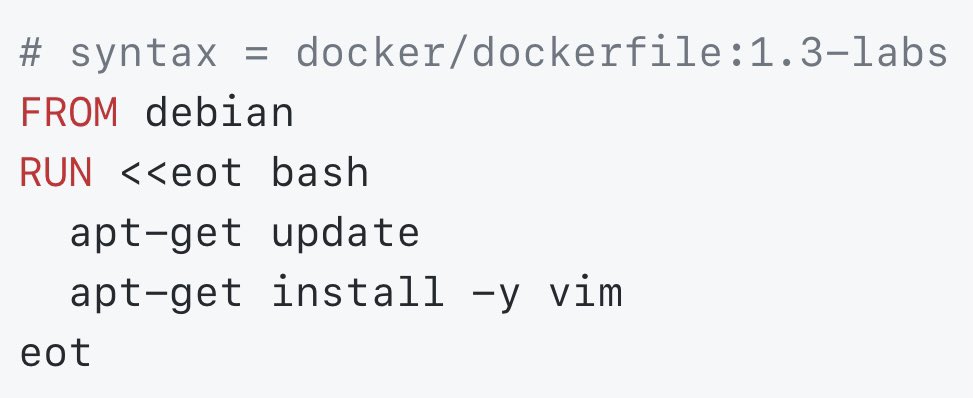 toricls's tweet image. Heredocs が Dockerfile で使えるようになって \ && で繋がなくてよくなる🙌
/ "Introduction to heredocs in Dockerfiles - Docker Blog" docker.com/blog/introduct…