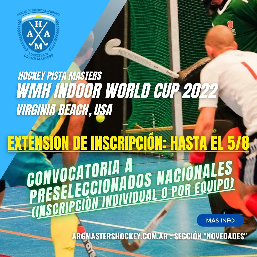 Convocatoria preseleccionados nacionales ✔️🇦🇷
.
Se extendió el plazo de inscripción hasta el 5/8✔️
.
Se pueden inscribir 
por equipos ✔️
.
WMH Indoor World Cup 2022🏑
.
Más info en 
argmastershockey.com.ar/novedades/