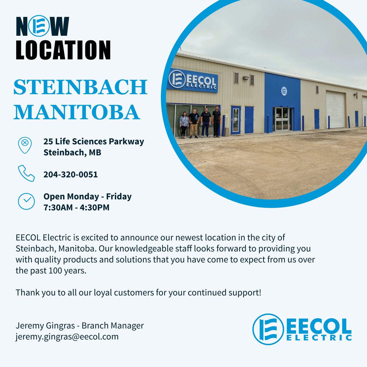 EECOL's tweet image. Hello Steinbach, Manitoba! EECOL Electric will be open for business at our newest location on Tuesday, August 3rd @ 7:30 am. We are electrified to be part of the Steinbach community.