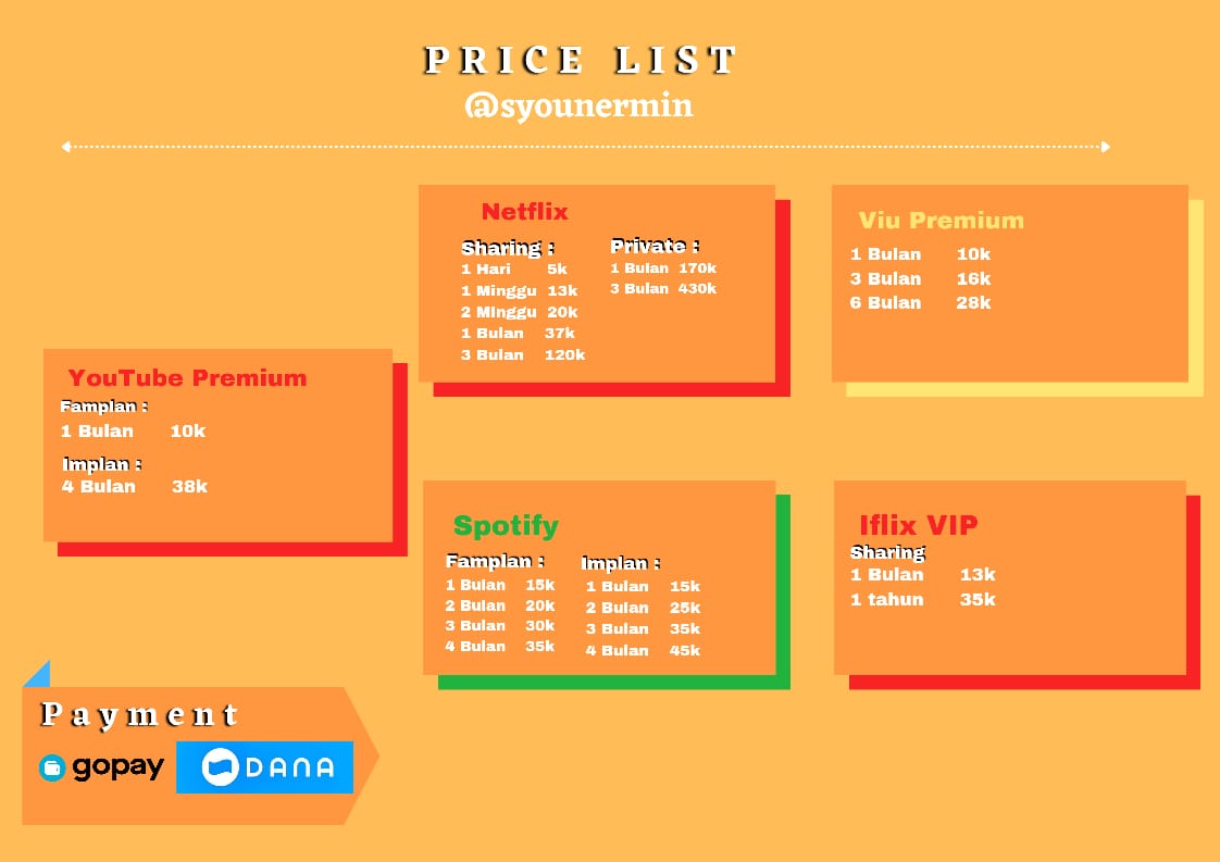syounermin's tweet photo. ✨APLIKASI PREMIUM✨

Haloo~, aku jual aplikasi premium Netflix, Spotify, YouTube Premium, WeTV, dll. Buat yang mau tanya-tanya dulu atau pemesanan bisa langsung dm aja yaaa 😉

Happy shopping guys!! 😙 https://t.co/S2XzUhO5lP