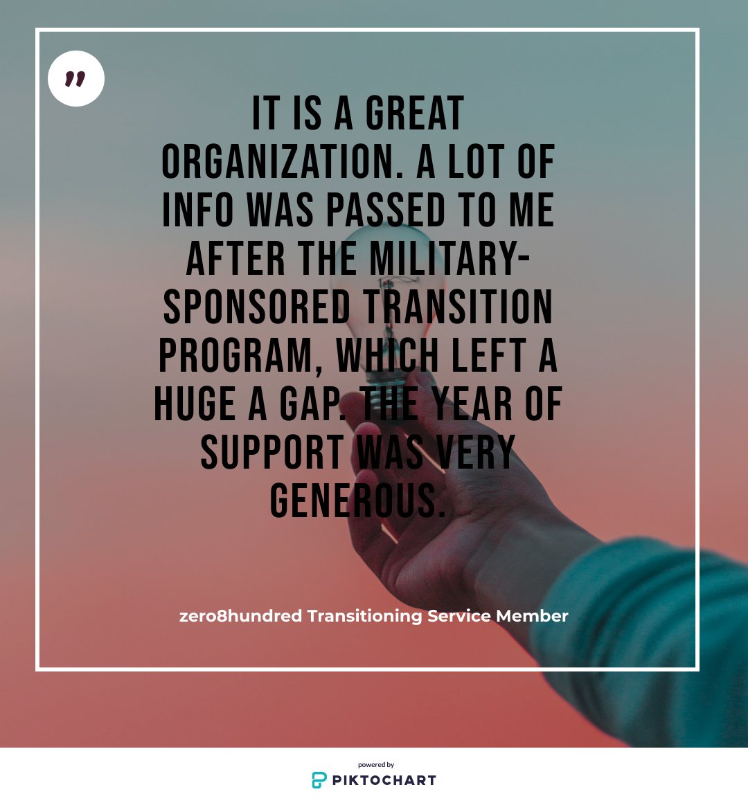zero8hundred's tweet image. Today is #FeelGoodFriday! Here is a quote from a transitioning service member enrolled in zero8hundred. We work for the reassurance and satisfaction of our heroes. #sandiegomilitary #militaryspouse #veterans #militarytransition #militaryresources #army #navy #marines