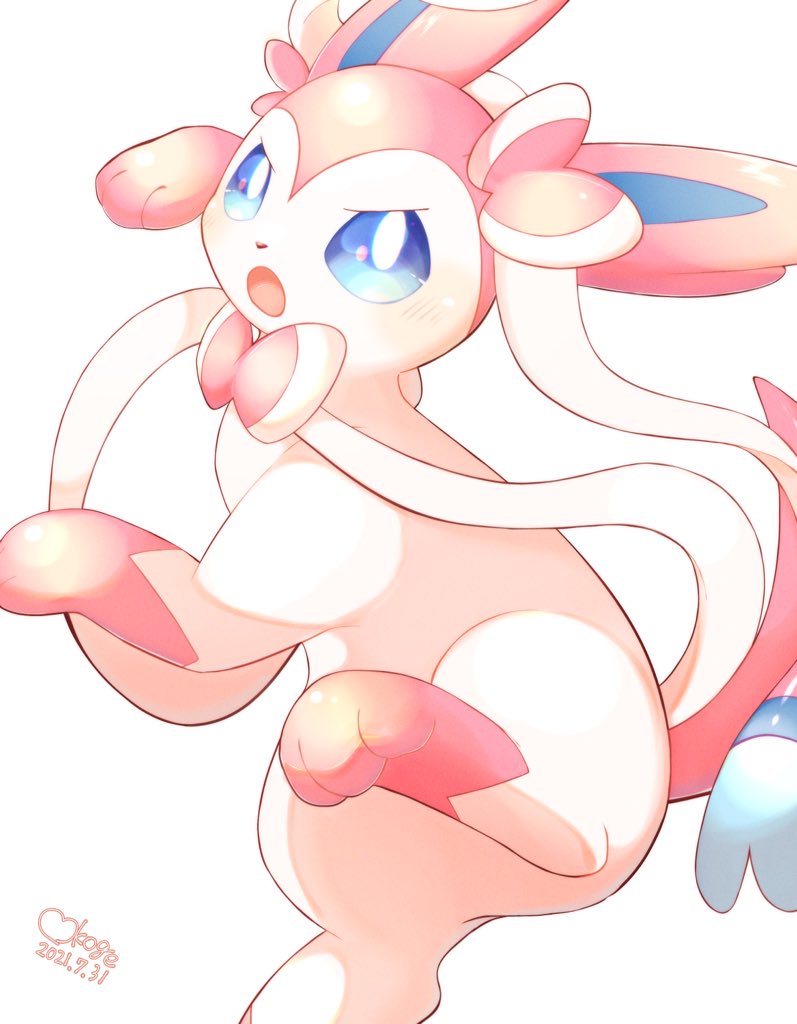 sylveon no humans pokemon (creature) blue eyes solo open mouth toes white background  illustration images