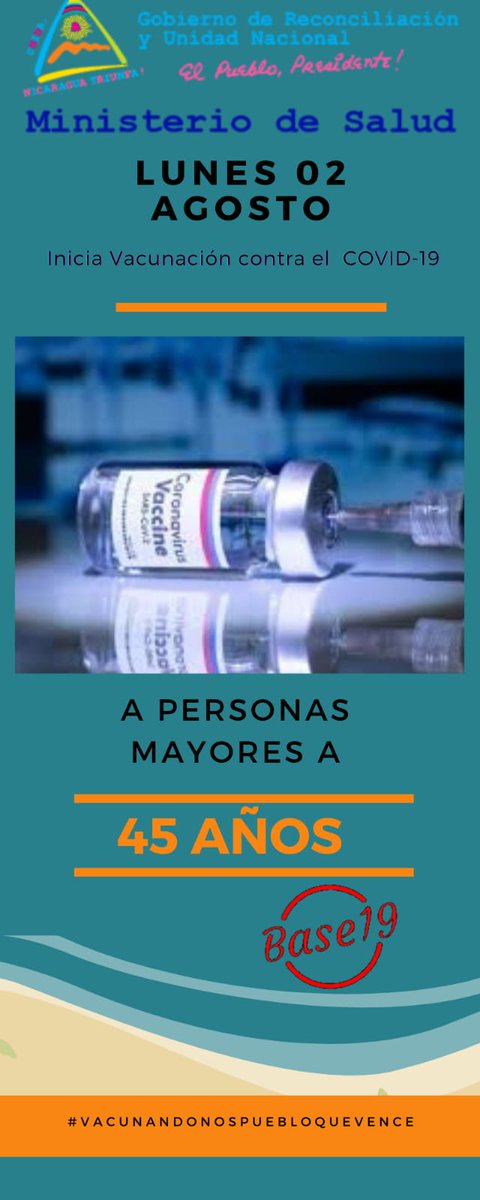 1979_Base's tweet photo. La Vicepresidenta Cra. Rosario Murillo anunció que iniciará éste 02 e Agosto la vacunacion contra el COVID-19 a personas mayores a 45 años. @taniasandinista
#TodosLosTriunfosSonDelPueblo
#Base19 https://t.co/R6wdRPQuFS