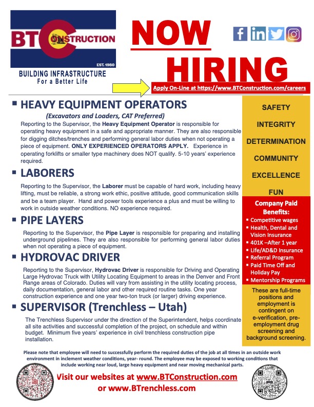 BT is hiring! Like and share this post to be entered to with a $20 Amazon gift card! 

#Hiring #NowHiring #Jobs #Employment #Work #Careers #HiringNow #ConstructionCareers #ApplyNow #ColoradoJobs #ColoradoConstruction #Construction #InfrastructureForABetterLife #BTrenchless