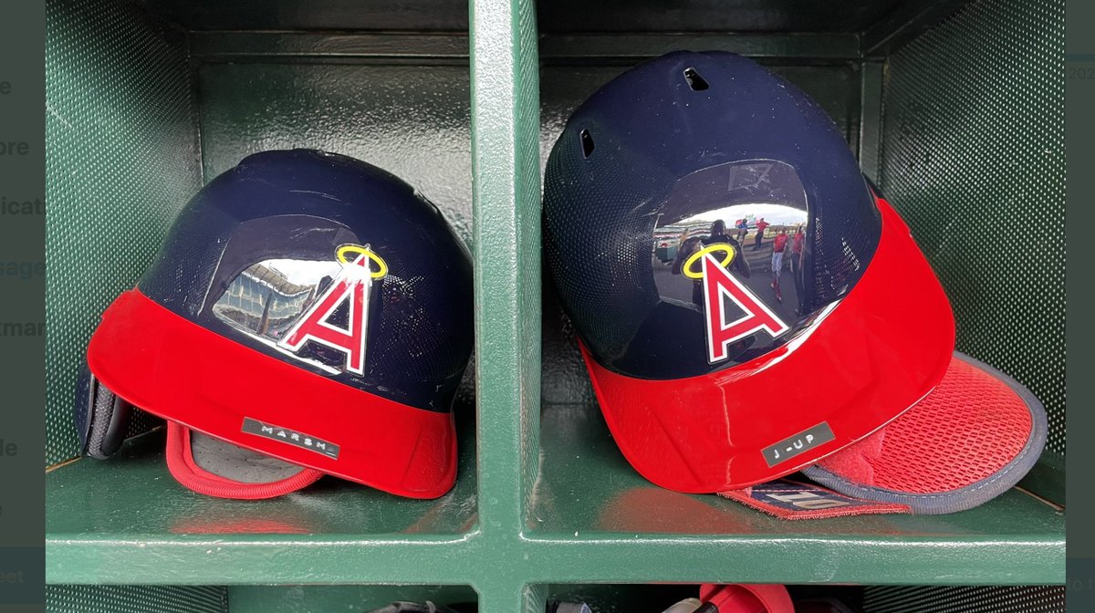 Angels kicking of 'Throwback Weekend' by wearing 1970s throwbacks tonight. Equipment staff went the extra mile by putting old-school Dymo labels on the helmet brims. (h/t @AdamChodzko)