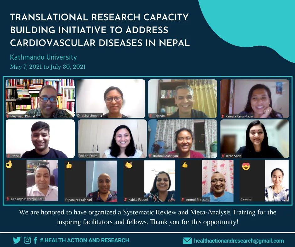 HealthActionan1's tweet photo. We have successfully completed 50 hours of online intensive sessions covered over a period of 13 weeks on Systematic review and Meta-analysis for the facilitators and fellows of Translational Research Capacity Building Initiative To Address Cardiovascular Diseases in Nepal. https://t.co/tNgr1CStgG