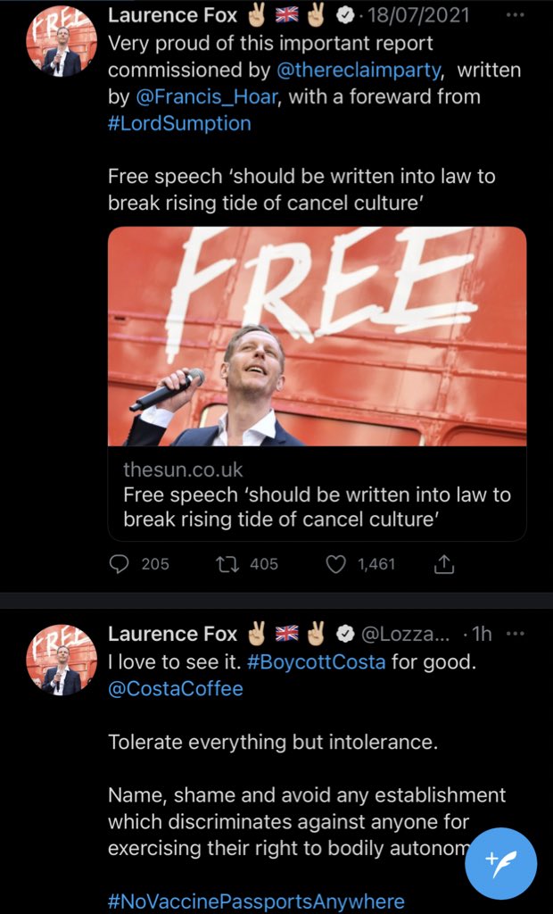 Ah it’s good to see Laurence Fox fighting against cancel culture one moment then trying to #BoycottCosta the next.
Love the smell of hypocrisy!