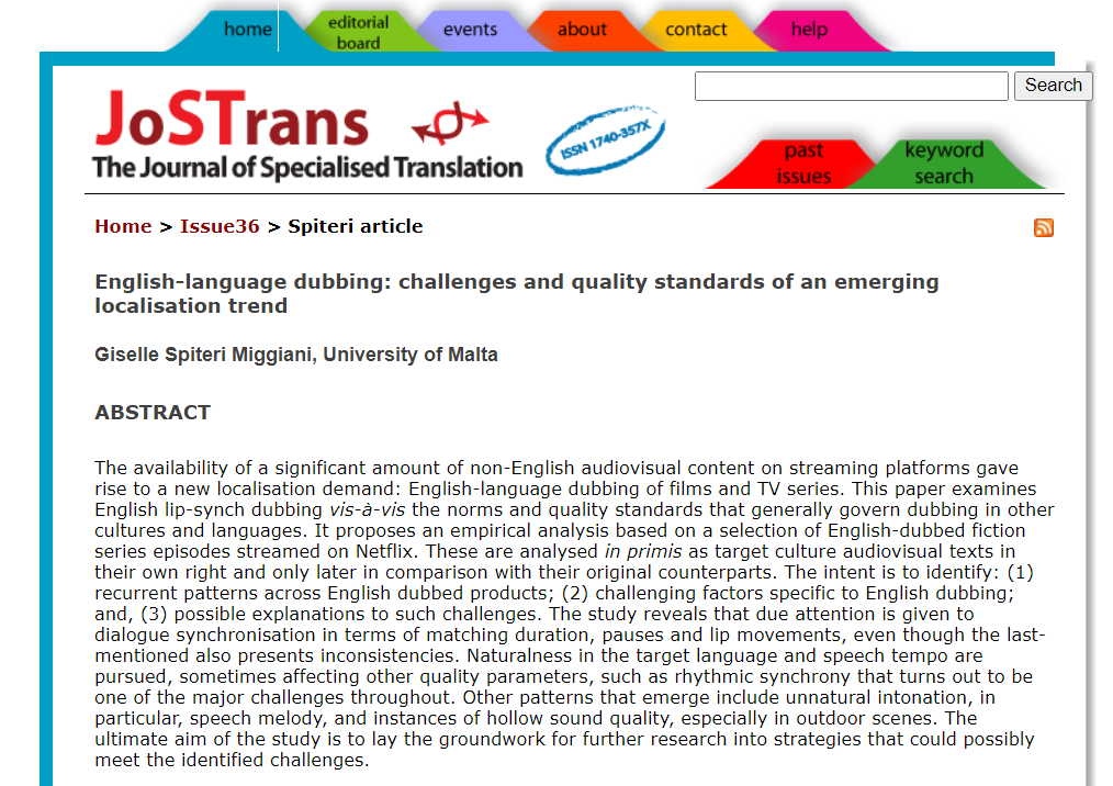 JoSTrans 36a, July 2021, non-thematic issue

Giselle Spiteri Miggiani
English-language dubbing: challenges and quality standards of an emerging localisation trend

jostrans.org/issue36/art_sp…