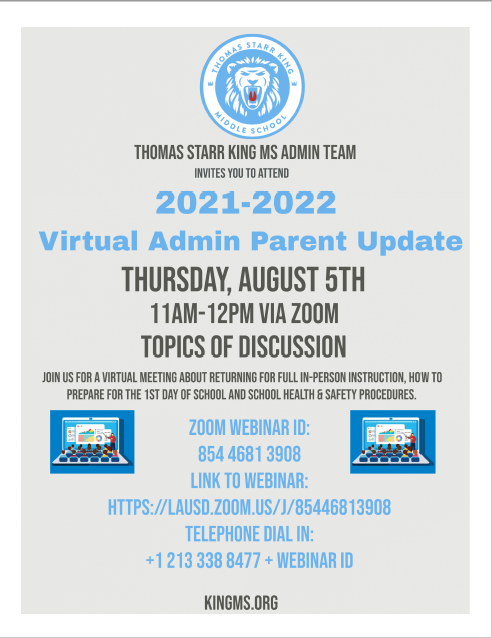 TSKingMagnetLA's tweet photo. Virtual Admin Parent Update Aug. 5th, 2021, 11 AM. Foro Comunitario Virtual 5 de agosto de 2021, 11 AM. @GPLFCoS @Jackie4LAkids @lausd_ldc https://t.co/POMXW1DUBC