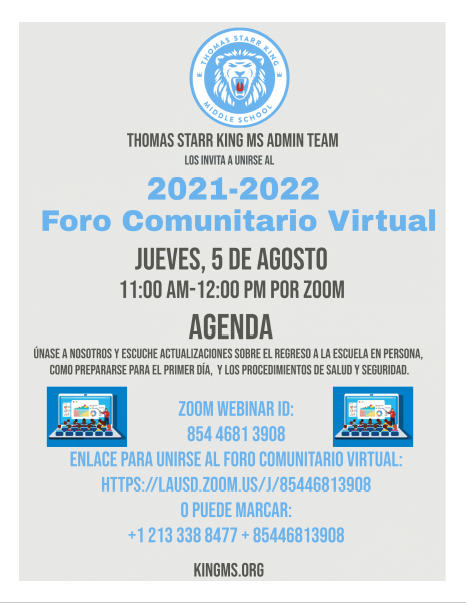 TSKingMagnetLA's tweet photo. Virtual Admin Parent Update Aug. 5th, 2021, 11 AM. Foro Comunitario Virtual 5 de agosto de 2021, 11 AM. @GPLFCoS @Jackie4LAkids @lausd_ldc https://t.co/POMXW1DUBC