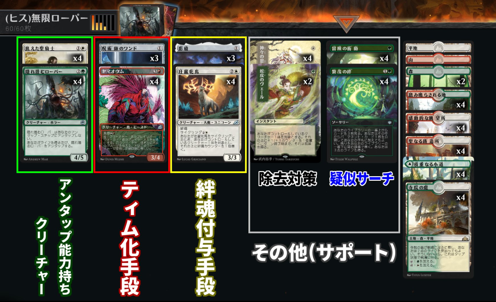 トスカ Mtgライフ ヒストリックだと 同じ役割のカードとして 飢えた聖騎士 隠れ潜むローパー 呪術師の ワンド ヤマオウム があるので コンボパーツがかなり揃いやすくなっています 参考までに ヒストリックバージョンの