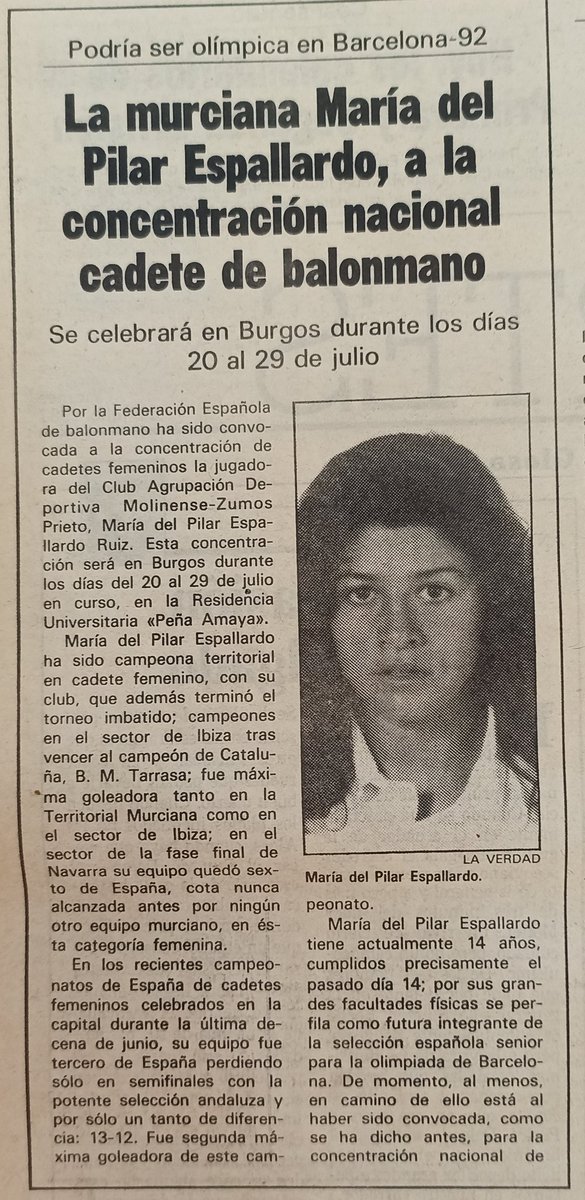 🎥#HemerotecaMTD
Hoy toca en el túnel del tiempo recordar a Pilar Espallardo una de las mejores sino la mejor jugadora de balonmano que ha dado nuestra tierra, y que fue una sería aspirante a ser olímpica en Barcelona 92 con el espíritu olímpico de 1987 que se creó en Molina.