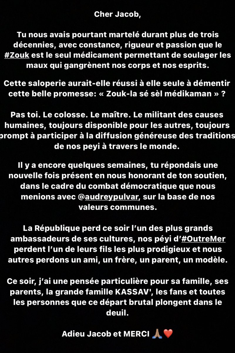 v_narbonnais's tweet photo. Cher Jacob Desvarieux,
Cette saloperie serait-elle parvenue à démentir cette belle promesse: « zouk-la sé sèl médicament », que tu martelais avec constance et passion ?
Tu nous as fait danser, chanter, rire, voyager sur tous les continents. 
Reconnaissance. MERCI l’artiste 🙏🏽❤️ https://t.co/L58wnp8px0