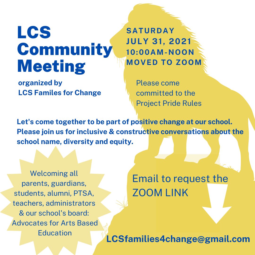 Virtual LCS Community Meeting tomorrow, Saturday July 31, 2021 (10am-12pm CST). Email LCSfamilies4change@gmail.com for zoom link.