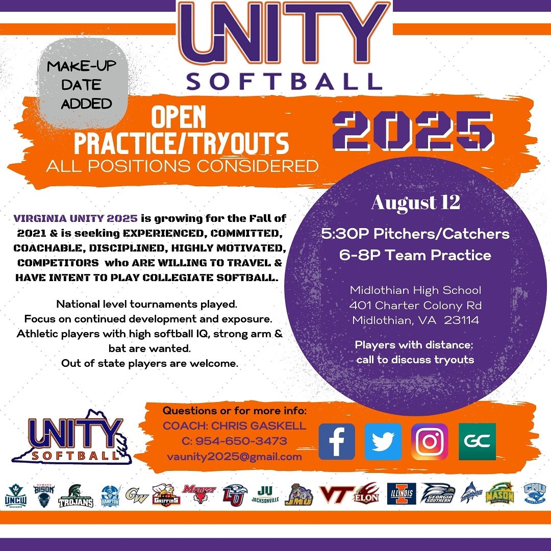 *Make-Up Date for Tryouts/Open Practice!*. Out of state players interested please contact Coach Chris Gaskell at the number listed on the flyer. Distance is not and issue!  🧡🥎💜 <a href="/VAUnitySB/">Unity Softball</a> <a href="/ExtraInningSB/">EXTRA INNING SOFTBALL</a> @StriveSoftball <a href="/IHartFastpitch/">I❤️Fastpitch</a> <a href="/A1ZSoftball/">Apex One Zero (for Softball)</a> <a href="/BBOS_Nation/">Rick Cowan</a> <a href="/PlaySoftballNet/">Play Softball</a>