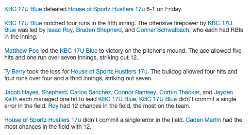 #16u17uWoodBat - KBC 17U Blue Downs House Of Sportz Hustlers 17u, 6-1.  KBC's Matthew Poe CGW 7IP 5H 1R 1ER 12K 2BB, Braden Shepherd 1-1 RS RBI 2BB; Blake Long (HOS) 1-3 2B @PBRKentucky