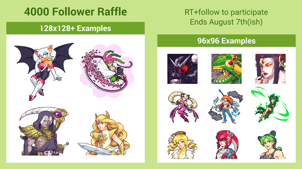 x0_000's tweet photo. i'm close to clearing out my commissions so here's the 4k followers raffle 🎉
1⃣ retweet this tweet and follow to enter
2⃣ ends at some point between aug 7 and aug 8
3⃣ 3 prizes - one 128x128+ and two 96x96
4⃣ see reply for misc details https://t.co/Pvs0sNq5iv