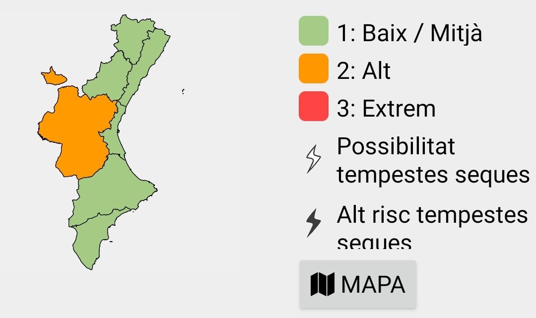 GVA112's tweet photo. 🟠El nivell de preemergència per risc d'incendis forestals #IIFF per a hui és alt a l'interior de la província de València.

🟢A la resta de la Comunitat Valenciana és baix mitjà. 

🌧️Risc nivell groc de pluges i tempestes a l'interior i litoral sud de Castelló. https://t.co/sHpG1M3jx9