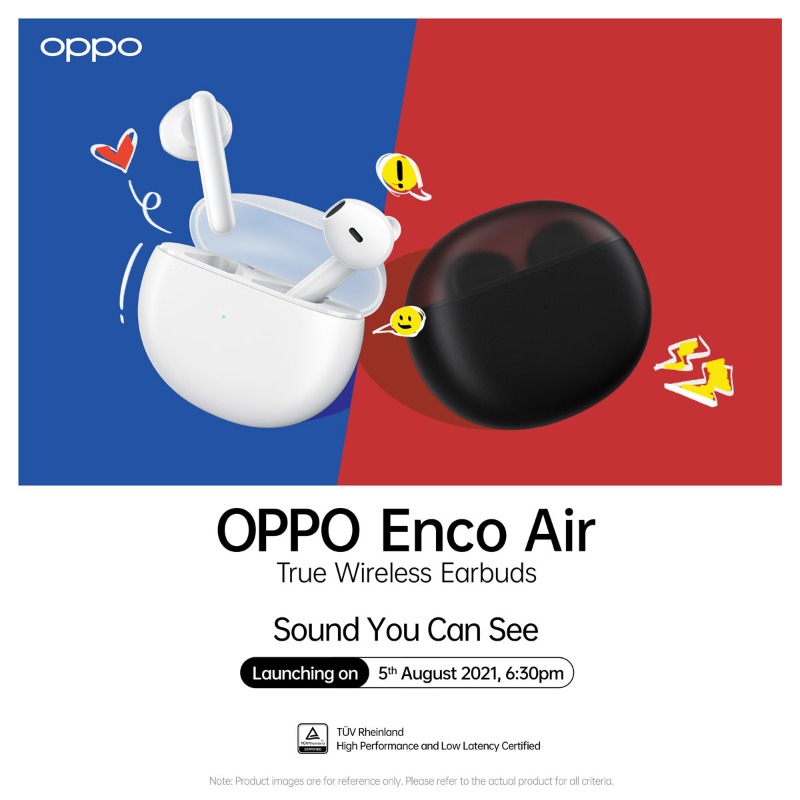 OPPOMalaysia's tweet photo. Get ready to enjoy an immersive audio experience with our brand new #OPPOEncoAir! This True Wireless Ear Bud comes in a sleek Semi-Translucent Design, Dual-Mic Cancellation and is certified by TUV Rheinland for high performance and low latency. #SoundYouCanSee