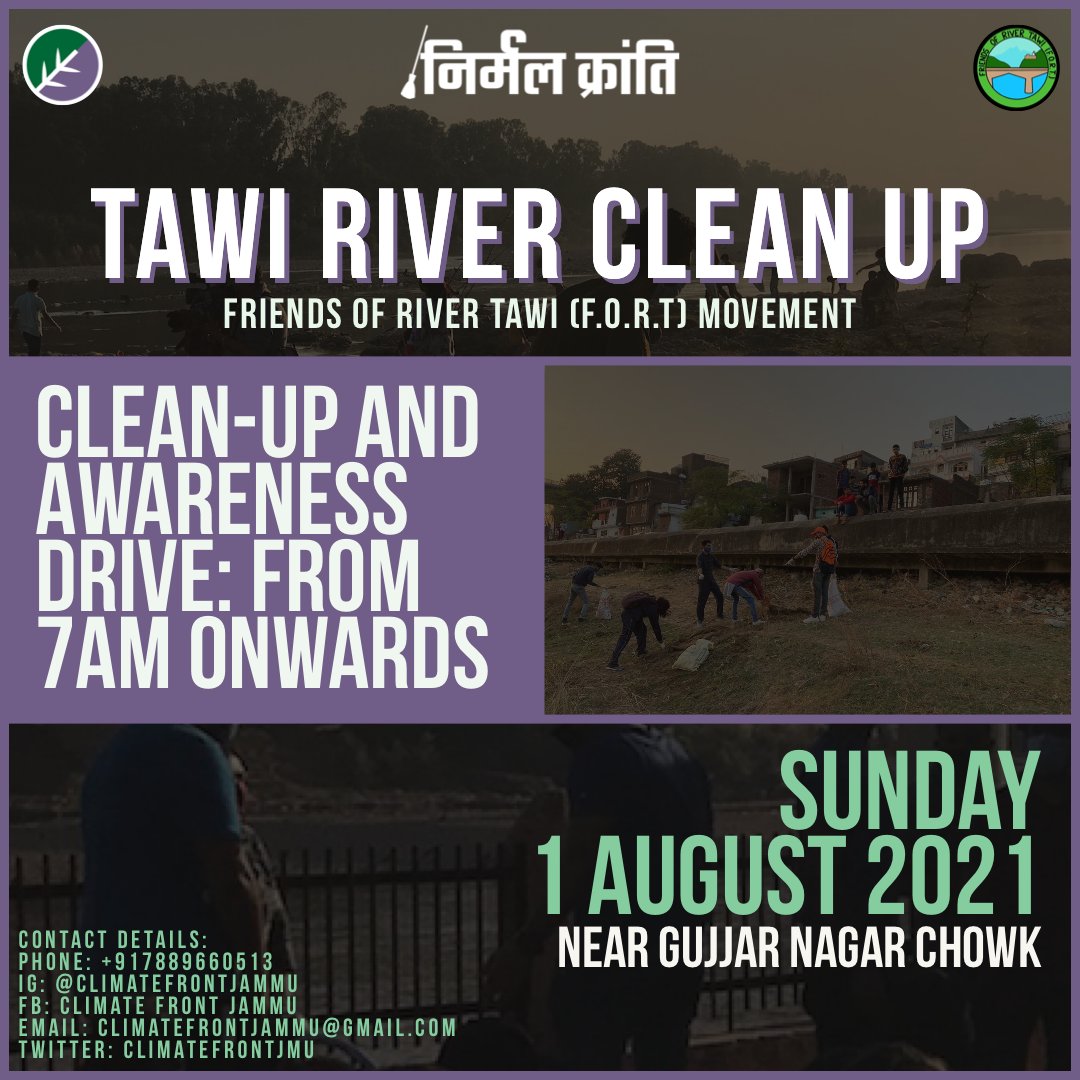 ClimateFrontJMU's tweet photo. Clean River Tawi Movement
 
Clean-up and awareness drive 

1st August 2021 (Sunday)
Time - 7:00AM Onwards
Venue- Gujjar Nagar chowk https://t.co/1301GSqS8H
