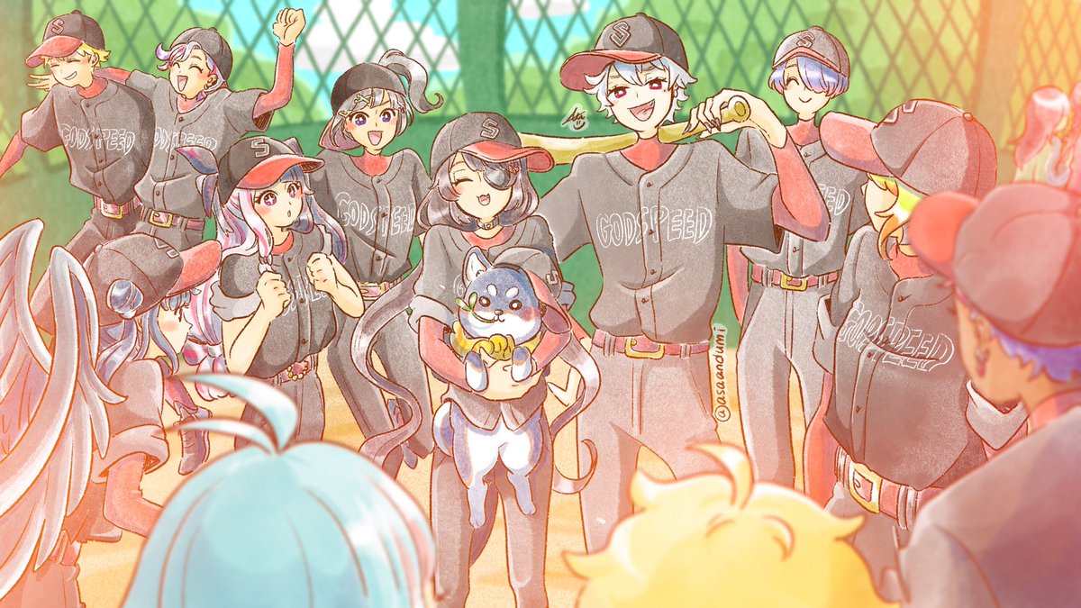 multiple boys multiple girls baseball uniform hat baseball cap wings blue hair  illustration images