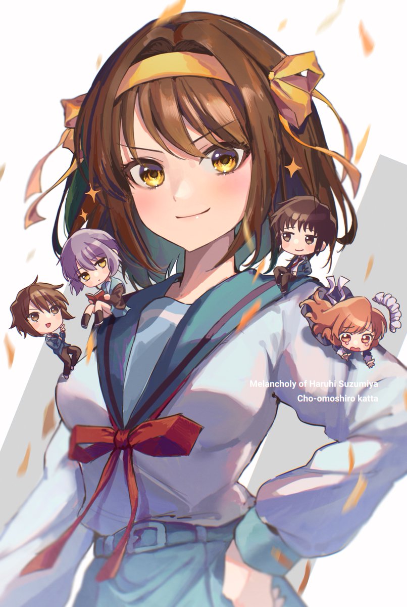 asahina mikuru ,koizumi itsuki ,kyon ,nagato yuki ,suzumiya haruhi kita high school uniform multiple girls school uniform brown hair skirt chibi multiple boys  illustration images