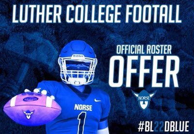 ConnorBesky's tweet photo. Incredibly excited to get an offer from Luther College in Decorah Iowa. Awesome coaches, an amazing campus, and the first blue field I’ve ever seen! Go Norse!!!🏈 @LutherFootball @Coach_CPadilla @BrianFrana @Coach_Tolly @OliverJamesWes1 https://t.co/2DuWiQRsE1