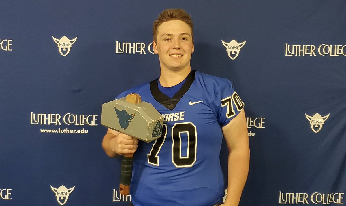 ConnorBesky's tweet photo. Incredibly excited to get an offer from Luther College in Decorah Iowa. Awesome coaches, an amazing campus, and the first blue field I’ve ever seen! Go Norse!!!🏈 @LutherFootball @Coach_CPadilla @BrianFrana @Coach_Tolly @OliverJamesWes1 https://t.co/2DuWiQRsE1