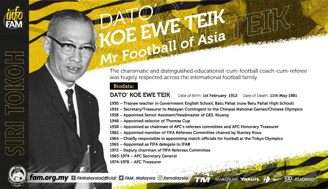 FAM_Malaysia's tweet photo. DATO’ KOE EWE TEIK - MR FOOTBALL OF ASIA
 
Read more at:

https://t.co/atjL357zup

#FAM #HarimauMalaya #SiriTokoh #infoFAM #FIFA @FIFAcom https://t.co/bBdYw7EA6w