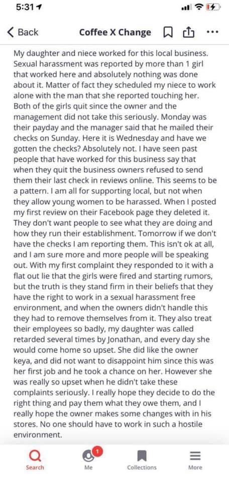 tinygymshoes's tweet photo. Coffee x change keeps blocking all related posts to the business. Women are sexually/verbally assaulted while working there. More and more have came out to tell their own stories. Retweet. Share your own story. Spread awareness. #KeepLocalBusinessSafe https://t.co/RciBHJ5gyN