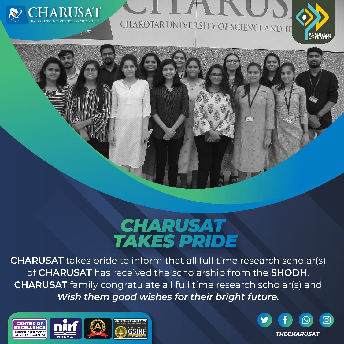 BioCharusat's tweet photo. Congratulations to the students of @PDPIASCHARUSAT1 @charusat for SHODH scholarship for PhD research. Eight of these are from Department of Biological Sciences, PDPIAS, CHARUSAT https://t.co/fAeiIVr97c
