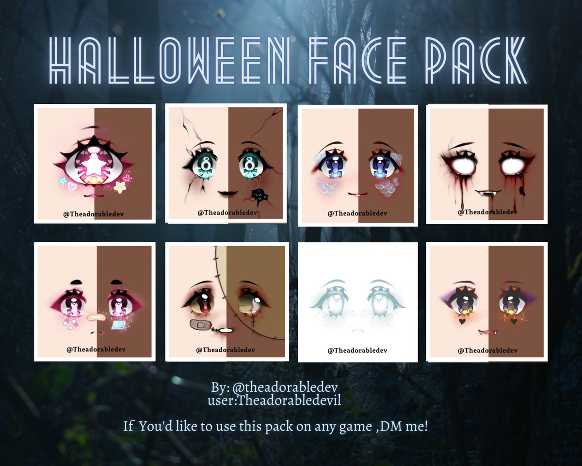 theadorabledev's tweet photo. 👻👾Halloween face pack👾👻

Other than the male pack , here's another oyal high faces i made :D hope it'll get to the game so we'll able to wear them on halloween!

#rhface #royalehigh #royalehighart #robloxface #robloxart #RobloxDesigner https://t.co/SLeNavbzNP