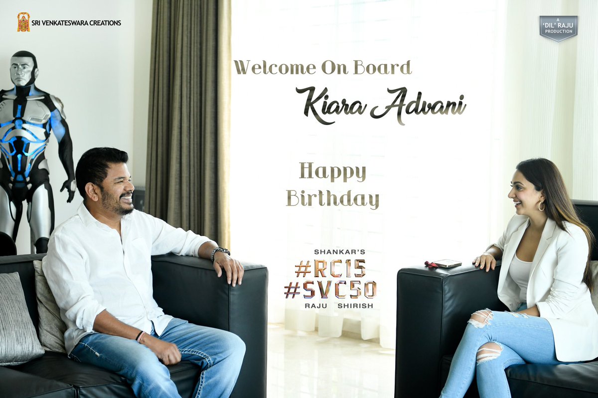 Joining us on this super exciting journey is the talented and gorgeous <a href="/advani_kiara/">Kiara Advani</a> !

Welcome on board ❤️

#HappyBirthdayKiaraAdvani
#RC15 #SVC50

@ShankarShanmugh <a href="/AlwaysRamCharan/">Ram Charan</a> 
<a href="/MusicThaman/">thaman S</a> <a href="/SVC_official/">Sri Venkateswara Creations</a>