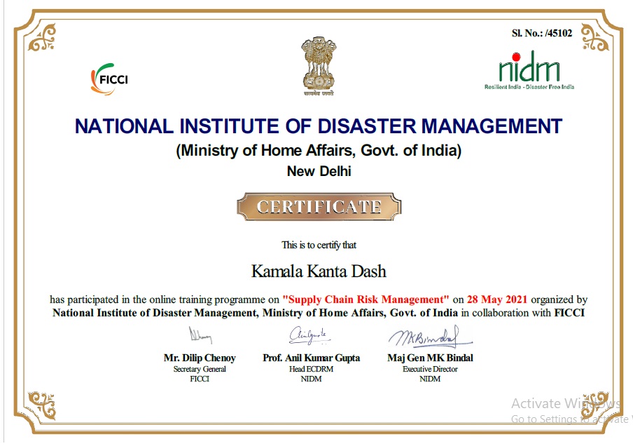 KKDash2020's tweet photo. Completed a Training on #SupplyChainRisk Management from @nidmmhaindia &amp; @ficci_india. Thank you @ArchakPattanaik for your inspiring work in Sustainable Supply Chain Management &amp; inspiring all of us at Climate Change &amp; Sustainability Centre @SriSriU. @tcrpindia @JKPaperIndia https://t.co/4T0HpmhATj